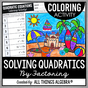 Preview of Solving Quadratic Equations (By Factoring) | Coloring Activity