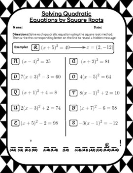 Preview of Solving Quadratic Equations By Square Roots Worksheet
