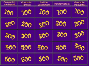 Preview of Solving Quadratic Equations Jeopardy