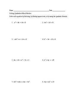 Preview of Solving Quadratic Equations - Mixed Practice