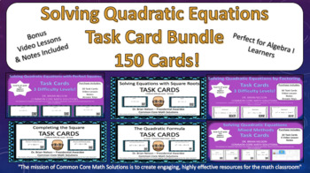 Preview of Solving Quadratic Equations Task Card Bundle (150 Cards & Interactive Videos!)