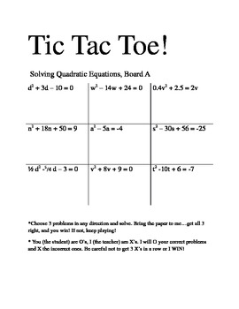 Preview of Solving Quadratic Equations Tic Tac Toe