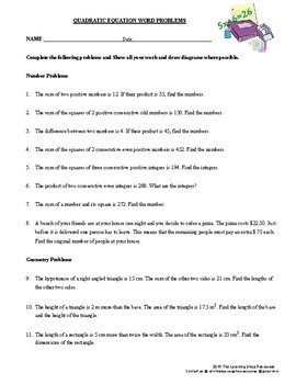 solving quadratic equations word problems worksheet