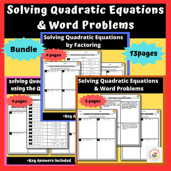 Preview of Christmas Math:Solving Quadratic Equations & Word Problems (Worksheets)