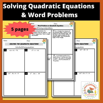 Preview of Solving Quadratic Equations  & Word Problems worksheets