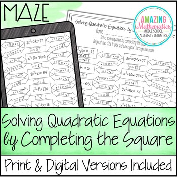 Preview of Solving Quadratic Equations by Completing the Square - Maze Activity