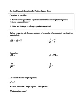 Preview of Solving Quadratic Equations by Square Roots Notes, Practice, Quiz, SmartBoard