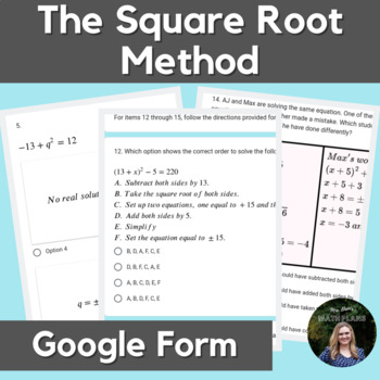 Preview of Solving Quadratic Equations by the Square Root Method (Google Form)