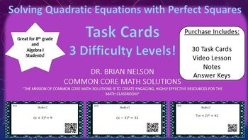 Preview of Solving Quadratic Equations with Perfect Squares (30 Task Cards – 3 levels!)