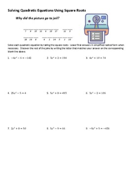 solving quadratic equations with square roots joke worksheet with