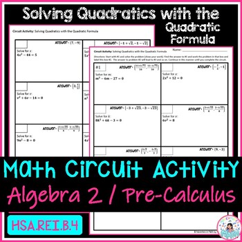 Preview of Solving Quadratic Equations with the Quadratic Formula Math Circuit Activity