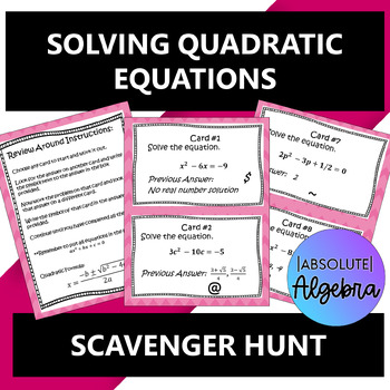 Preview of Solving Quadratic Equations with the Quadratic Formula Scavenger Hunt