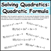 Solving Quadratic Functions using the Quadratic Formula Activity
