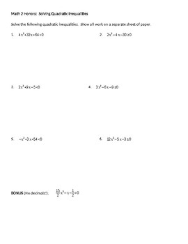 Solving Quadratic Inequalities Worksheet By Sarah Dragoon Tpt