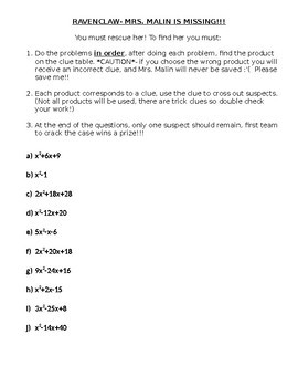 Preview of Solving Quadratics (Factoring) Save the Teacher Mystery