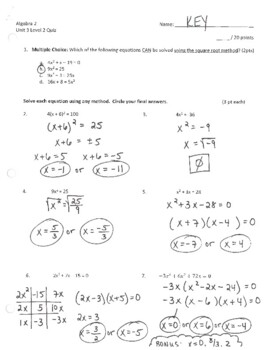 Solve Quadratics Quiz - Square Root Method & Factoring/ZPP (with answers)