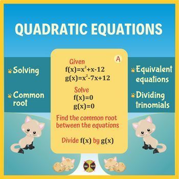 Preview of Quadratic Equations (plus Dividing Trinomials) - Task Cards (4 tasks per card)