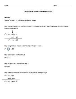 Preview of Solving Quadratics by Completing the Square Scaffolded Worksheet