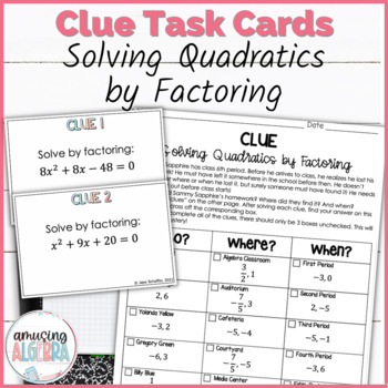 Preview of Solving Quadratics by Factoring Clue Mystery Task Cards Activity