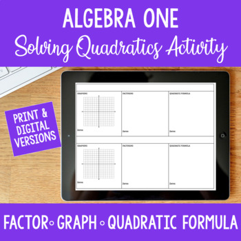 Preview of Solving Quadratics Factoring, Graphing & Quadratic Formula Activity Digital PDF