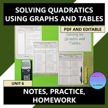 Preview of Solving Quadratics by Graphs and Tables Notes Practice Homework Editable U6