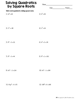 Solving Quadratics by Square Roots Practice/Homework Worksheet (set of 2)