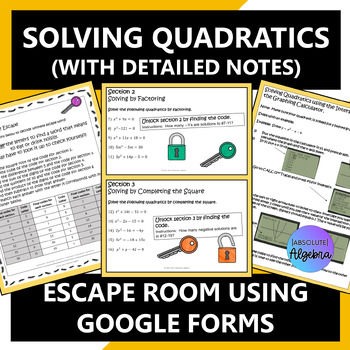 Preview of Solving Quadratics with Detailed Notes Digital Escape Room using Google Forms