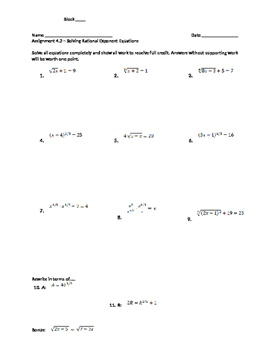 Preview of Solving Radical Equations - Assignment