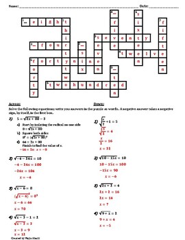 Solving Radical Equations Crossword Puzzle by Maya Khalil TpT