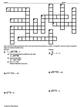 Preview of Solving Radical Equations Crossword Puzzle