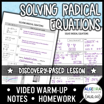 Preview of Solving Radical Equations Lesson | Warm-Up | Guided Notes | Homework