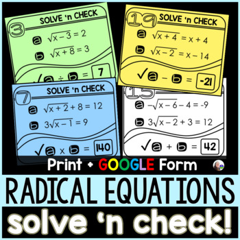 Preview of Solving Radical Equations Solve 'n Check! Math Tasks - print and digital