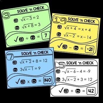 Solving Radical Equations Solve 'n Check! Task Cards - print and digital