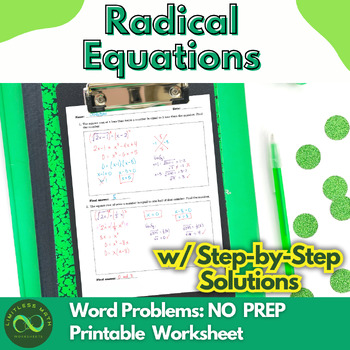 Preview of Radical Equations Word Problems - NO PREP Worksheet w/ Step-by-Step Solutions