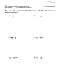 Preview of Solving Rational Equations - Assignment