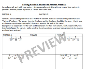 Preview of Solving Rational Equations Partner Practice