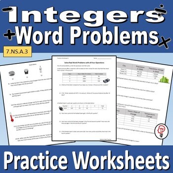 Preview of Practice Worksheets - Solving Real World Integer Problems with all 4 Operations