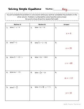 Solving Simple Equations Algebra 1 by Math Brain Trainers | TpT