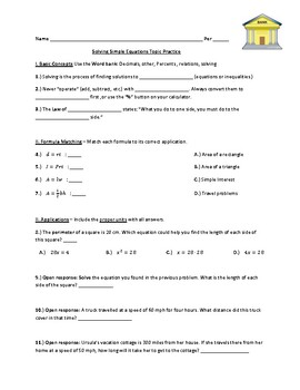Preview of Solving Simple Equations Topic Practice