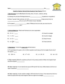 Preview of Academic Algebra I Solving Simple Equations Topic Practice