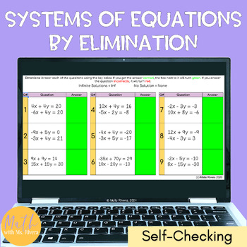Preview of Solving Systems Equations - Elimination Digital Self Checking Activity Algebra 1