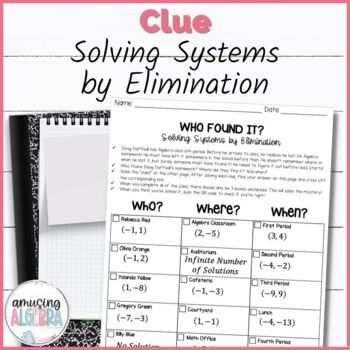 Preview of Solving Systems by Elimination Clue Mystery Activity