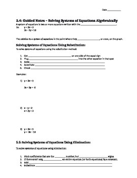 Preview of Solving Systems of Equations Algebraically - Notes