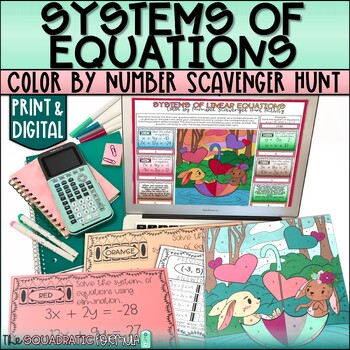 Preview of Solving Systems of Equations All Methods Color by Number Scavenger Hunt Activity