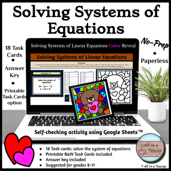 Preview of Solving Systems of Equations Valentine Bear Color Reveal Digital Activity