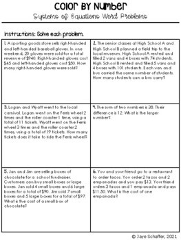 Solving Systems of Equations Word Problems Coloring Activity by Amusing ...
