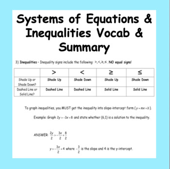 Preview of Solving Systems of Equations and Systems of Inequalities Vocab and Study Guide