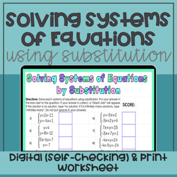 Preview of Solving Systems of Equations by Substitution Method Self-Checking Practice