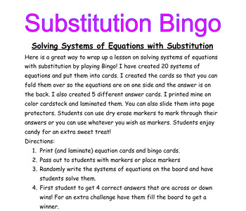 Preview of Solving Systems of Equations with Substitution Bingo Activity