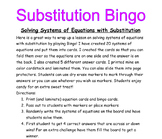 Solving Systems of Equations with Substitution Bingo Activity